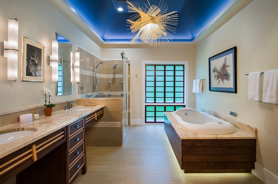 Lighting steals the show in this stunning bath [Design: Douglas R. Schotland Architect]