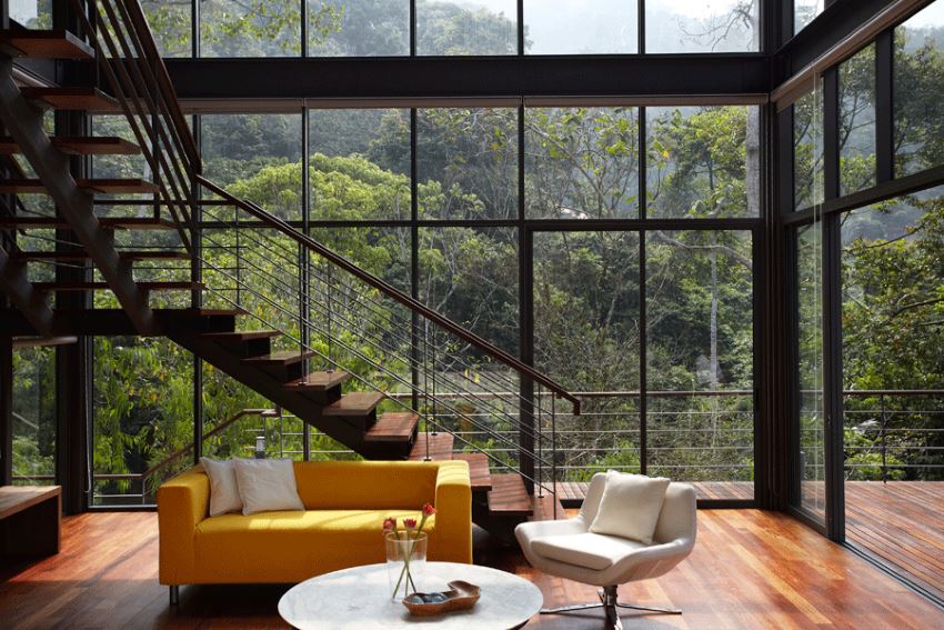 Living room with floor-to-ceiling glass windows