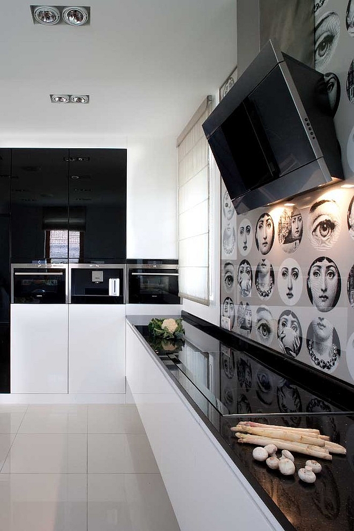Minimalist home uses the iconic pattern for the kitchen backsplash [Design: Nasciturus Design]