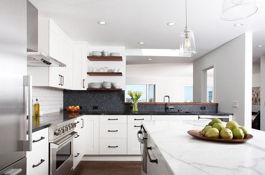 Modern rustic kitchen with gorgeous use of penny tiles [Design: Regan Baker Design]