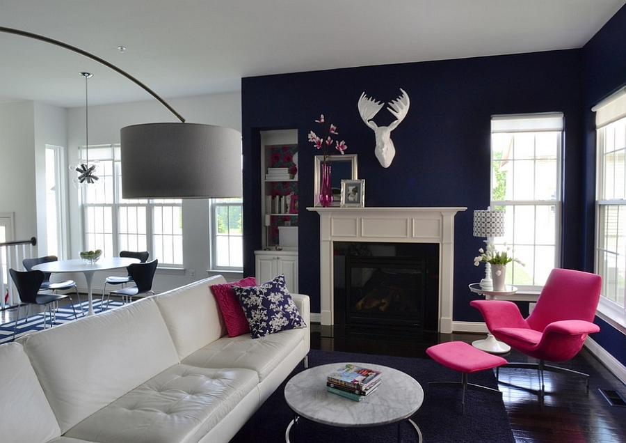 Old Navy from Benjamin Moore on the walls along with bright fuchsia decor [Design: JTW Design]