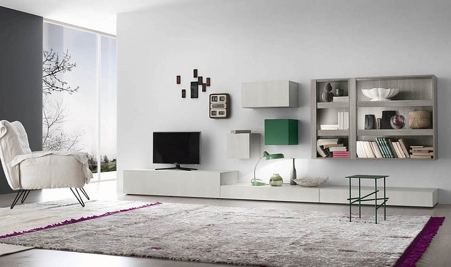 Open and closed wall units and bases shape the entertainment unit and day system