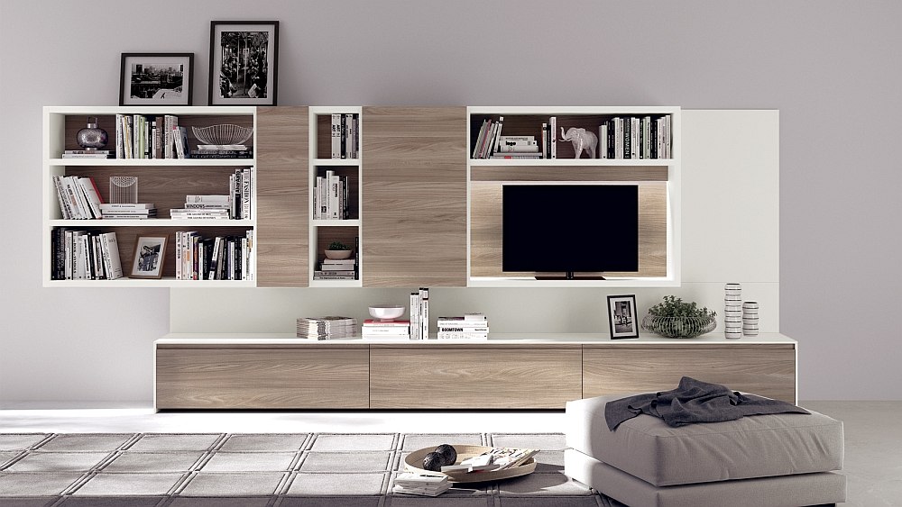Open bookcases and entertianment consoles shape the trendy wall unit