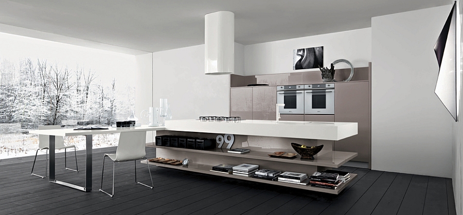 Open kitchen island shelves add elegance to the contemporary space