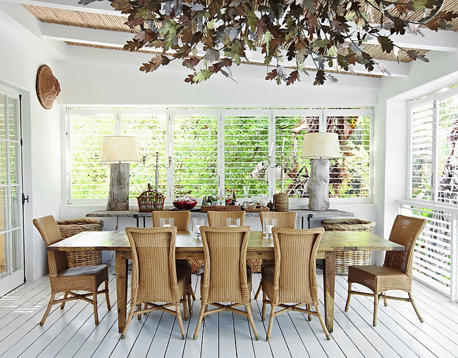 Organic textures and painted wood floor give the dining room a relaxed, holiday vibe