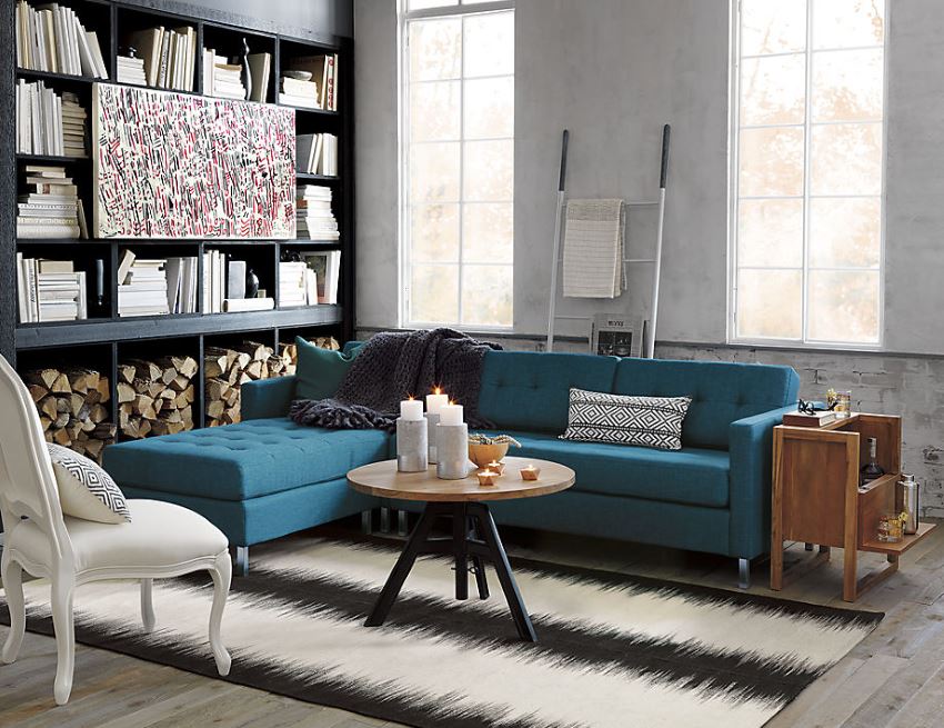 Peacock blue tufted sectional sofa from CB2