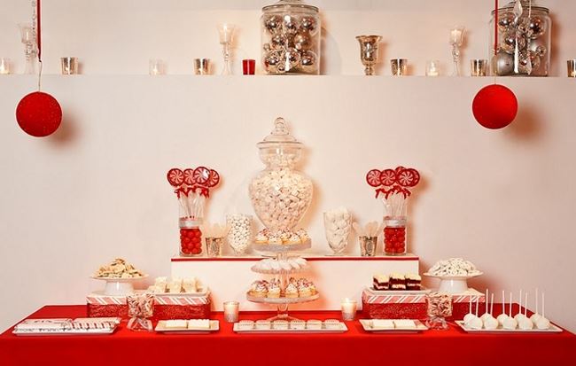 Red and white holiday dessert table