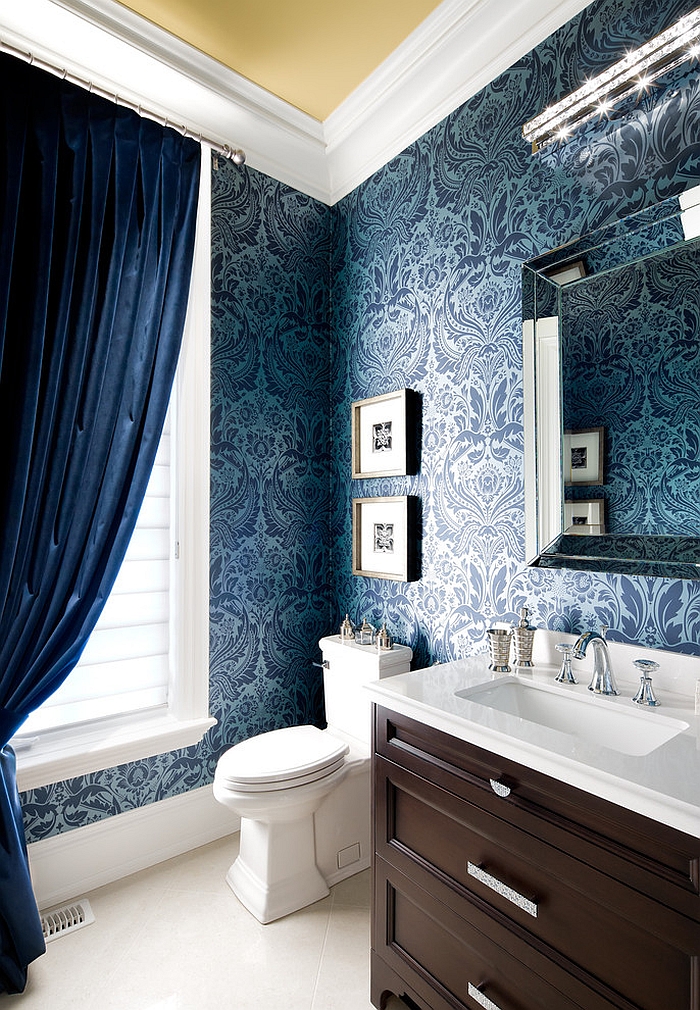 Rich blue damask wallpaper adds the wow factor to the space [Design: Jane Lockhart Interior Design]