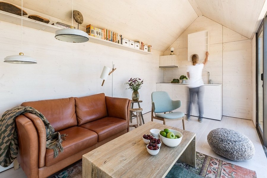 Small kitchen in the corner combined with the living room