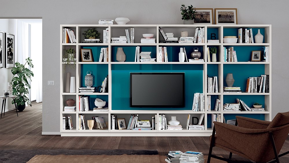 Smart living room wall system in all-white with a gorgeous blue backdrop