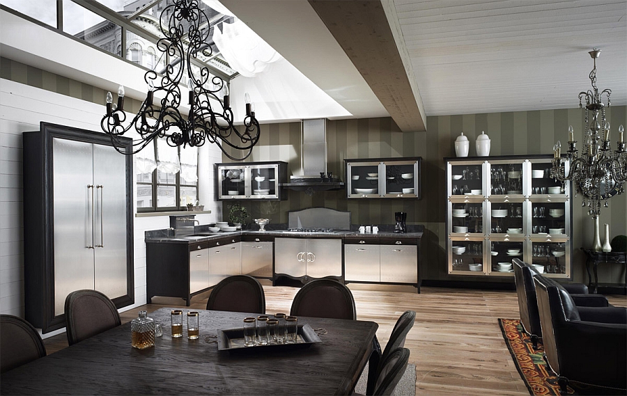 Striped wall steals the show in this classy kitchen