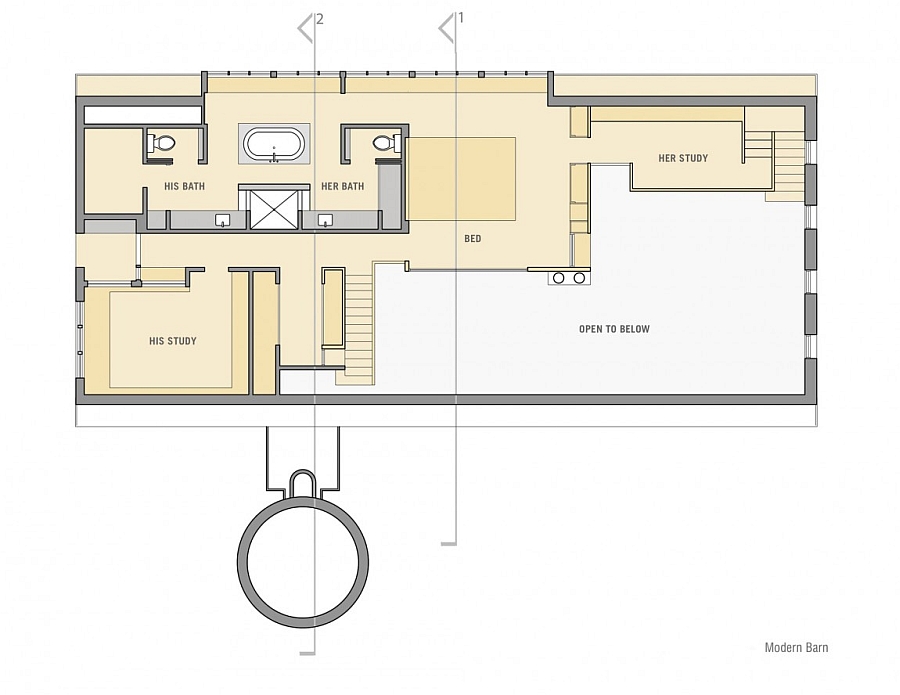 Top level of the Modern Barn with master suite and study