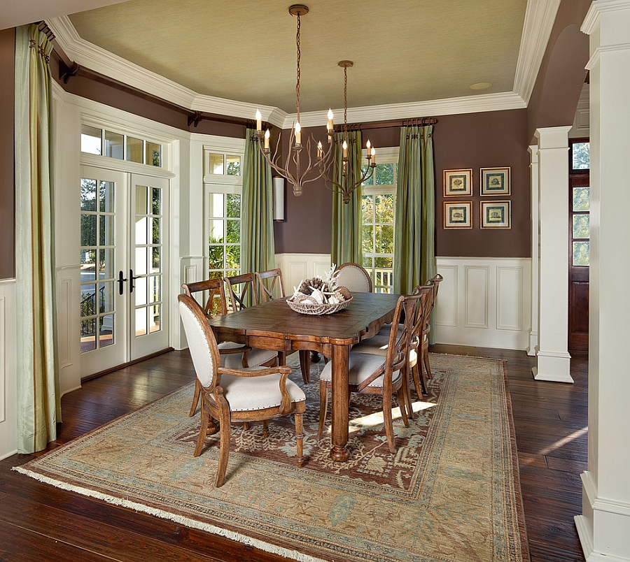 Traditional dining room with green ceiling and drapes