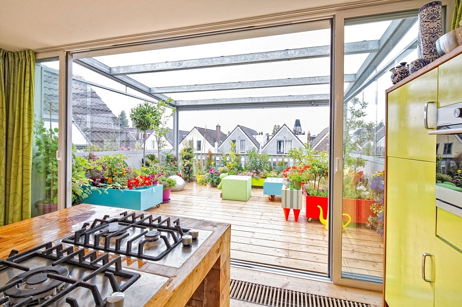 View of the gorgeous rooftop terrace from the kitchen