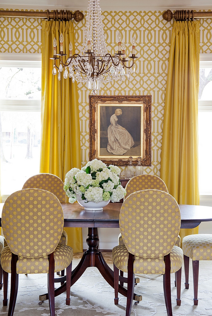 Wallpaper adds both color and pattern to the gorgeous dining room