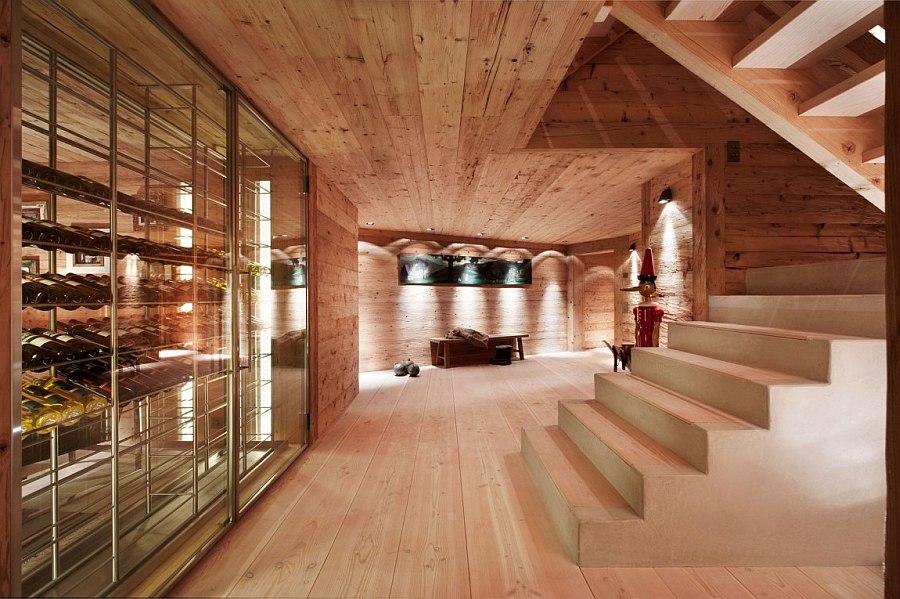 Wine cellar inside the lavish Swiss Chalet