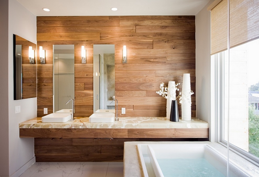 Wood adds natural warmth to the bathroom