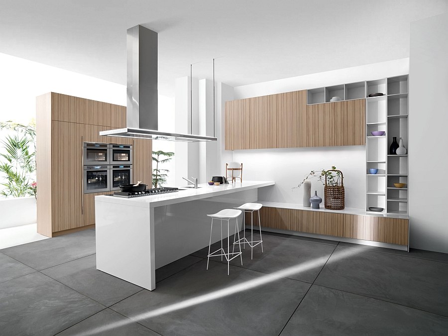 Wooden cabinet doors add visual warmth to the contemporary kitchen