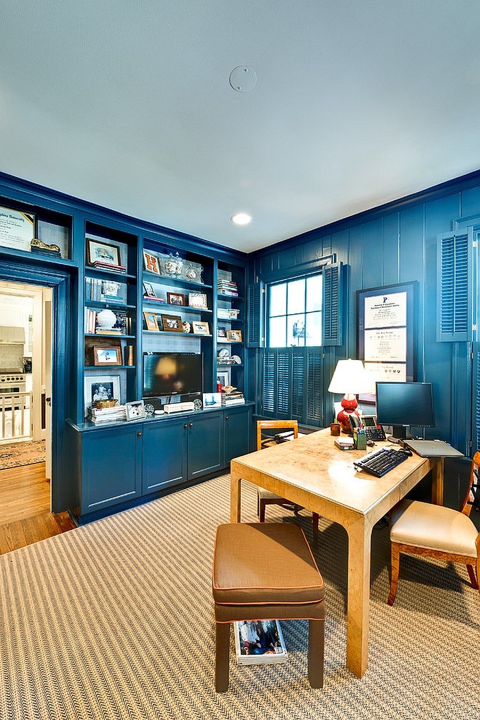 A splash of navy blue for the eclectic home office [Design: Andrew Roby General Contractors]