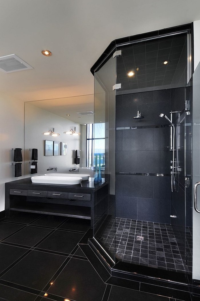 Add a black vanity and shower area to spice up your bathroom [Design: Smith Designs]