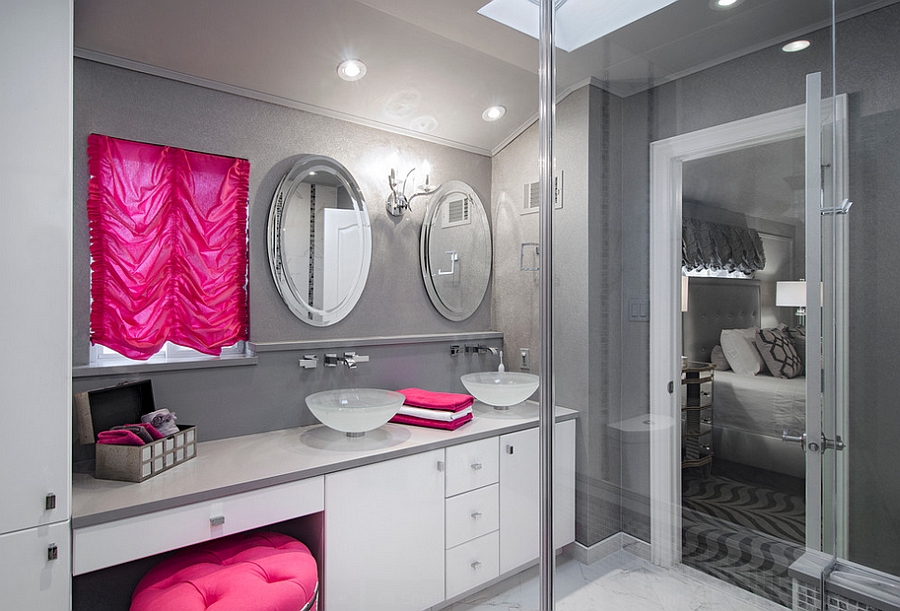 An easy way to add pink to your trendy gray bathroom [Design: ALX Interiors]