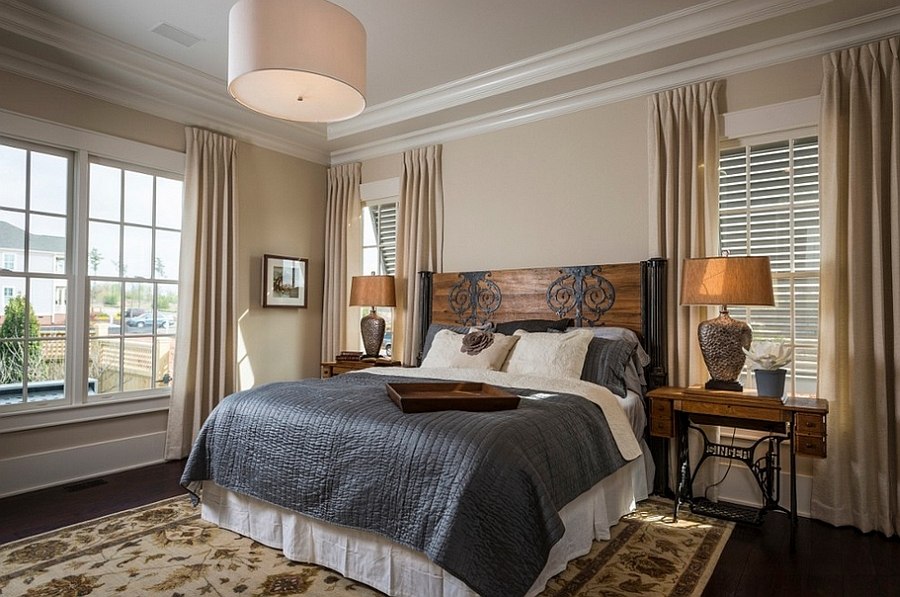 Antique sewing machines used as bedside tables [Design: Southern Traditions Window Fashions]