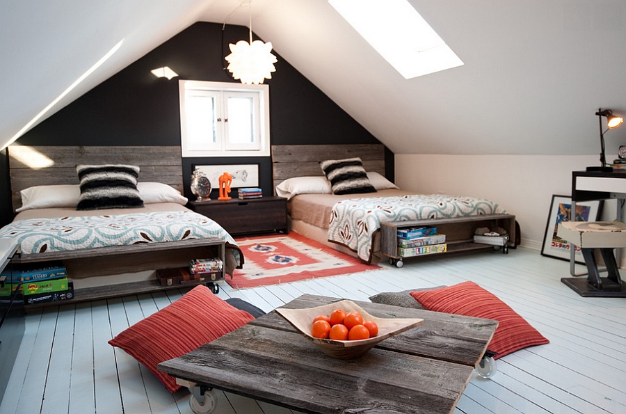 Attic kids' bedroom with low furnishings and skylight [Design: Dyanne Wilson Photography]