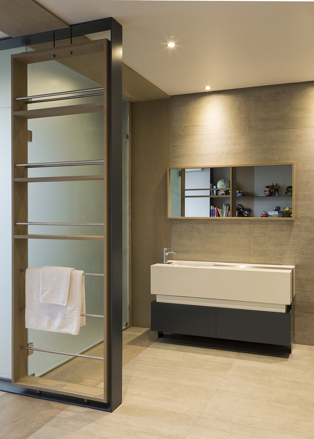 Bathroom in neutral hues has a soothing, natural vibe