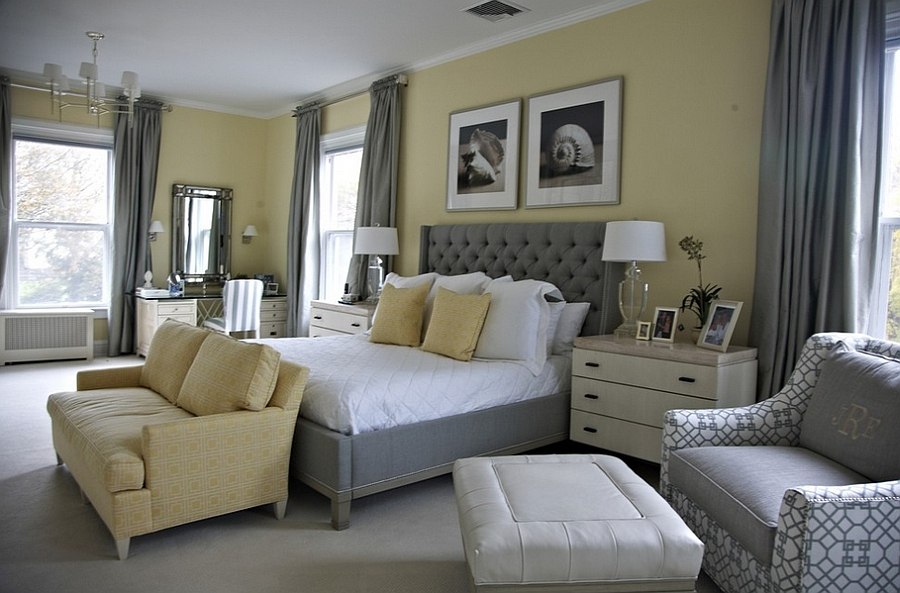 Beach style bedroom in yellow with a splash of gray!