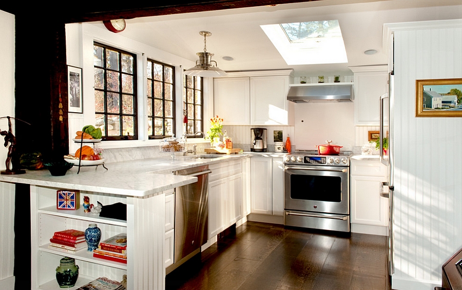 Beautiful farmhouse kitchen with a skylight