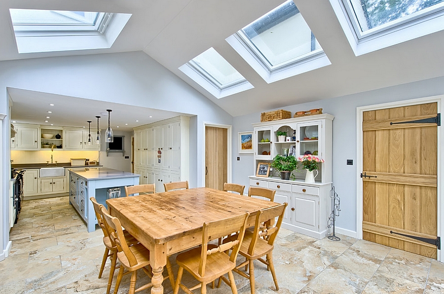 Beautiful farmhouse style kitchen with multiple skylights