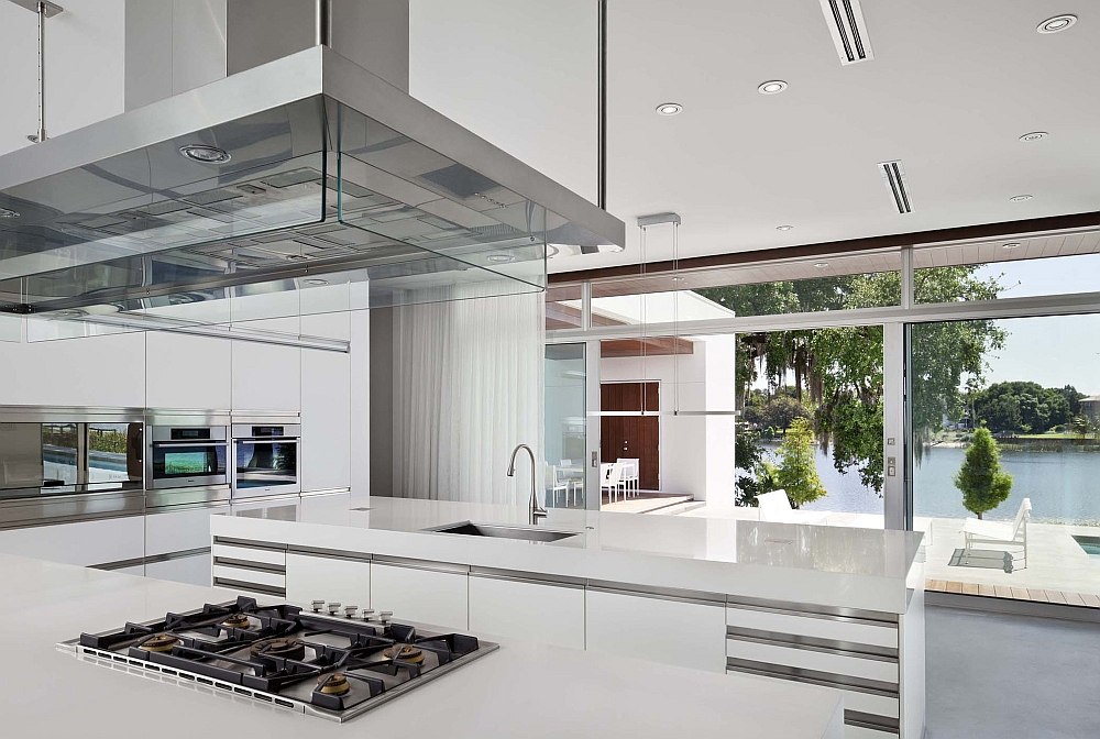 Beautiful lake view from the kitchen of the posh Florida home