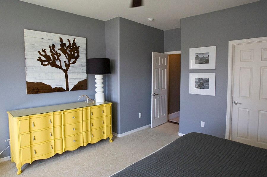 Bedroom in granite gray along with a delightful yellow dresser