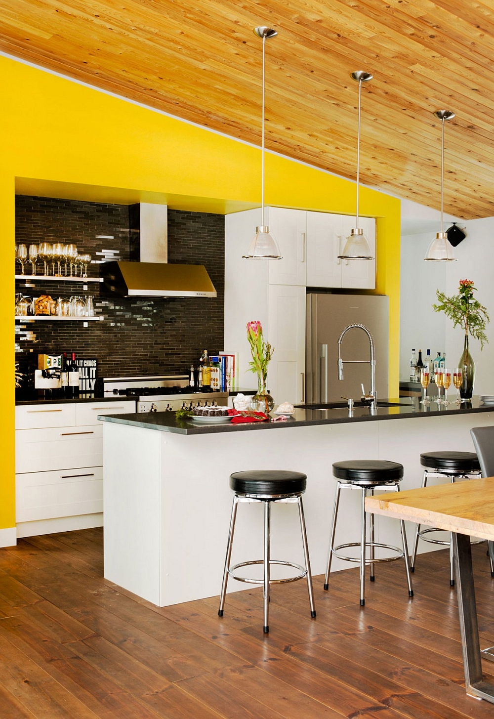 Black and white kitchen with a pop of yellow