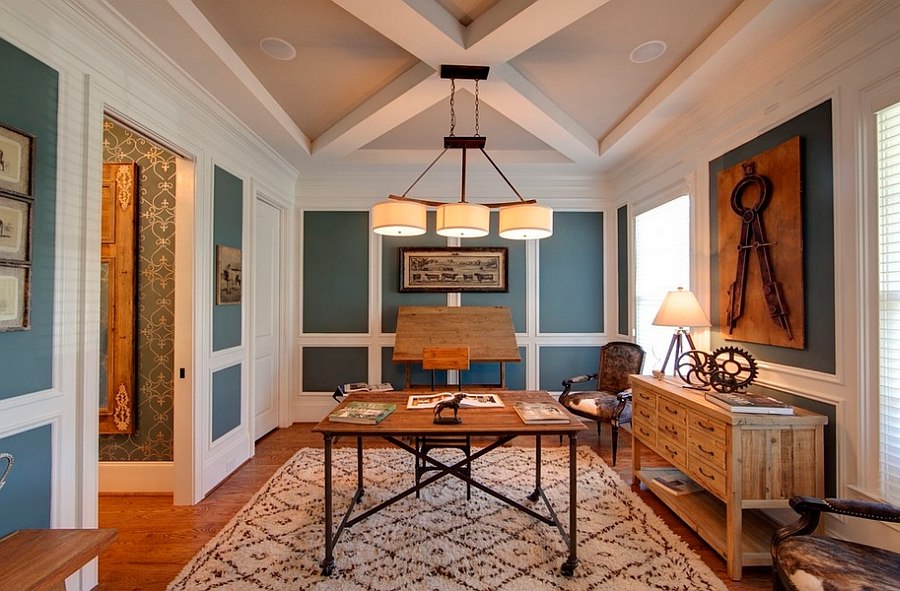 Blue and white home office has a cheerful, airy ambiance