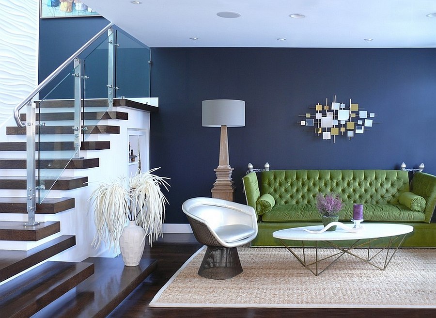 Bold green sofa along with the timeless Platner armchair in the living room [Design: Dotter & Solfjeld Architecture + Design]