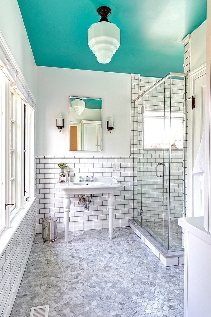 Ceiling brings a splash of turquoise to the retro bathroom [Design: Dave Fox Design Build Remodelers]