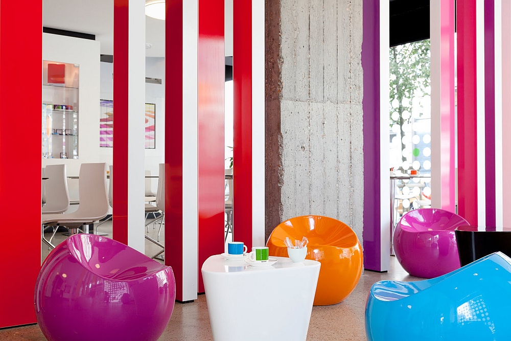 Colorful seating add to the vibrant ambiance inside the hotel
