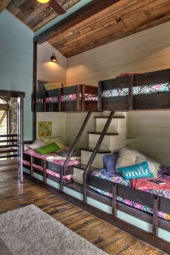 Cool rustic bedroom with bunk beds and steps