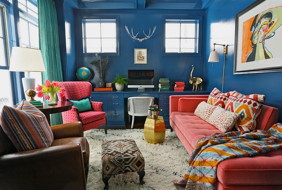 Cozy home office with bold use of colors and vintage pieces