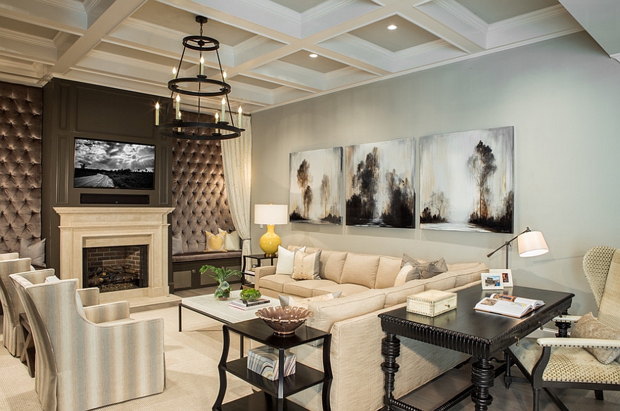 Cushioned walls flank the TV and fireplace in the living room [Design: Pineapple House Interior Design]