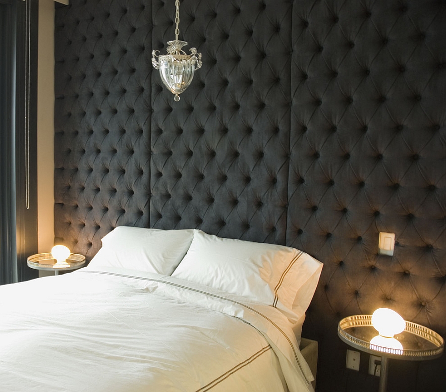 Custom diamond tufted headboard wall in the contemporary bedroom