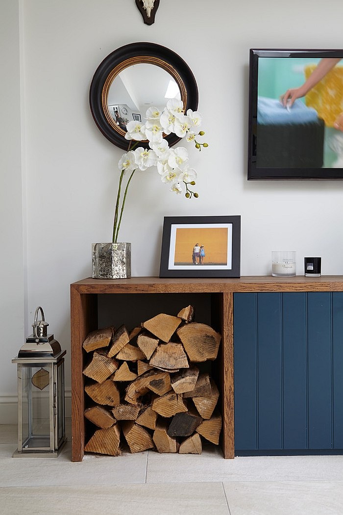 Custom living room unit with log storage