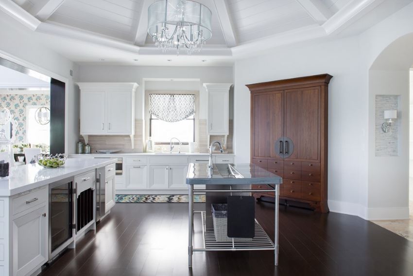 Dark bamboo floors in a bright kitchen