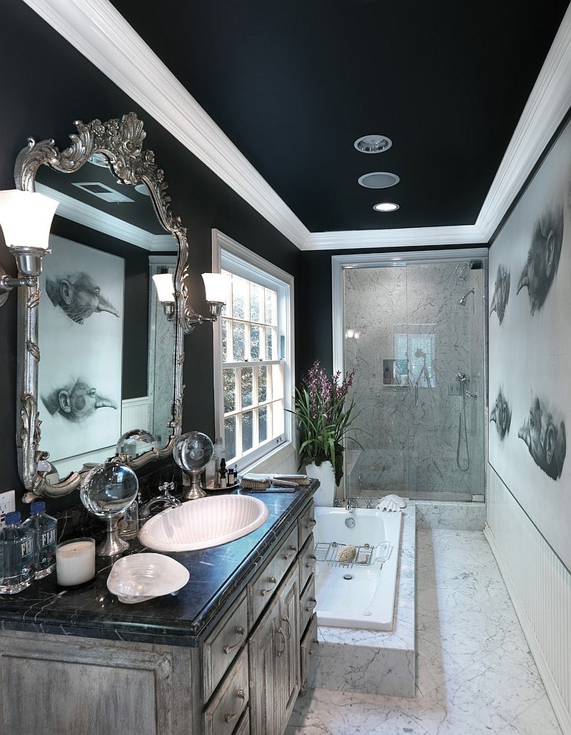 Dark ceiling gives the narrow bathroom a cozy, refined ambiance