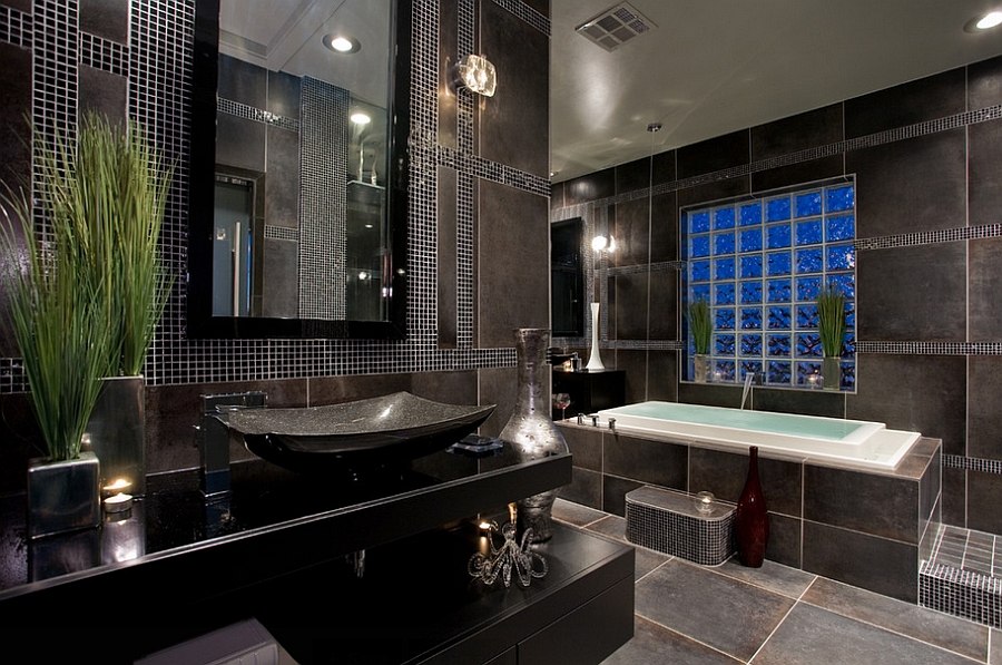 Darker tones of gray complement black beautifully in the contemporary bath [Design: Chris Jovanelly Interior Design]