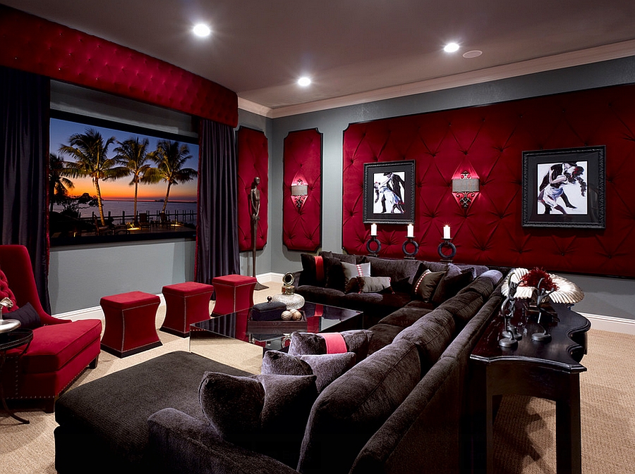 Dashing tufted wall panels in red for the elegant home theater [Design: Roman Interior Design]