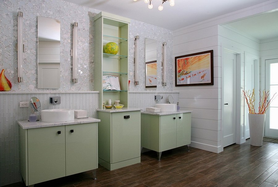 Dazzling wall tile and light green steal the show in this relaxing master bathroom