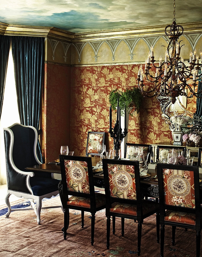 Dramatic dining room in turquoise, red and yellow