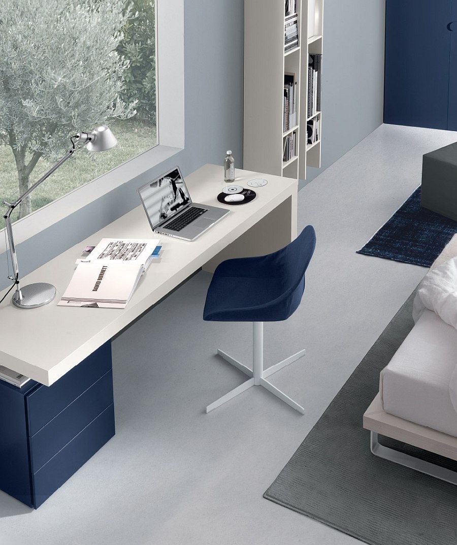 Elegant use of Stage to shape a bedroom workspace